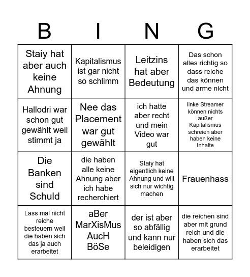Kapitalistisches BS Bingo Card