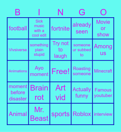 Youtube edition Bingo Card