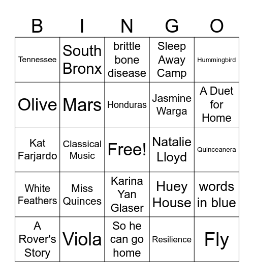 ORCA Book Club Bingo Card