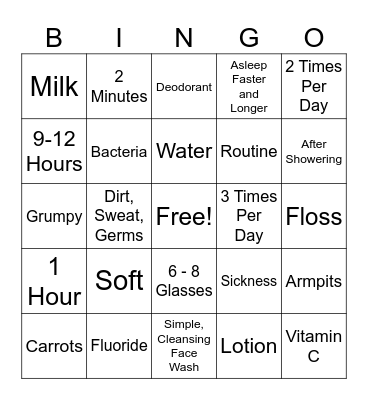 Personal Hygiene Bingo Card