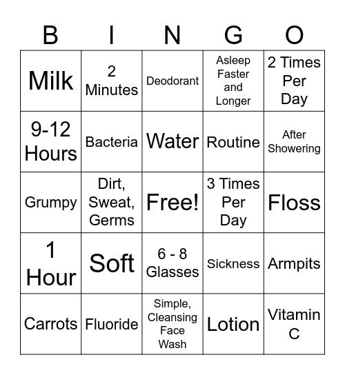 Personal Hygiene Bingo Card