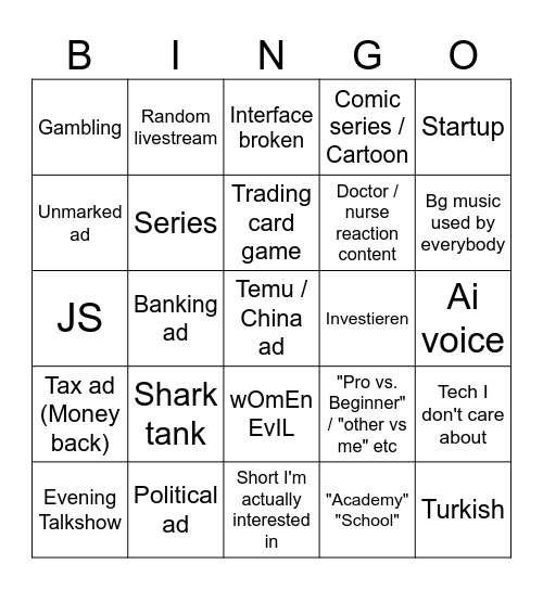 Shorts Bingo Card