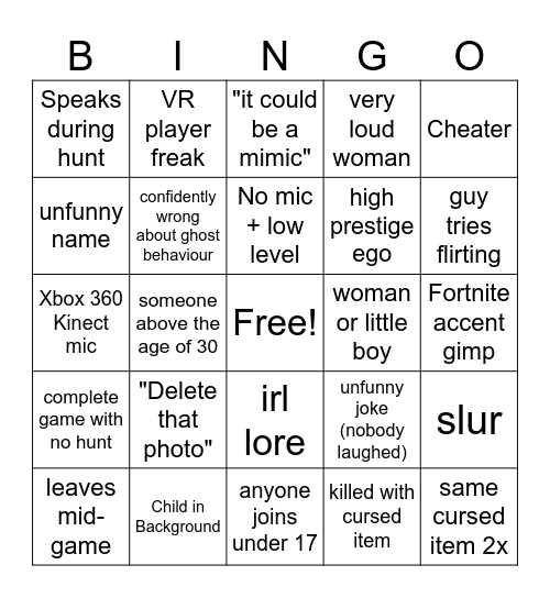 Phasmo bingo Card