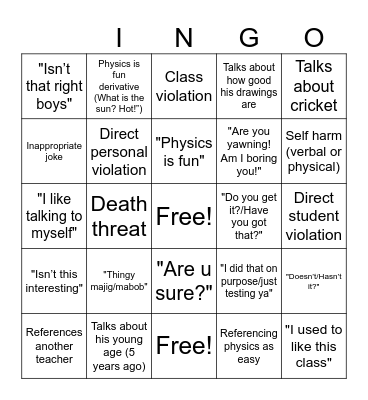 Summer Physics Bingo Card