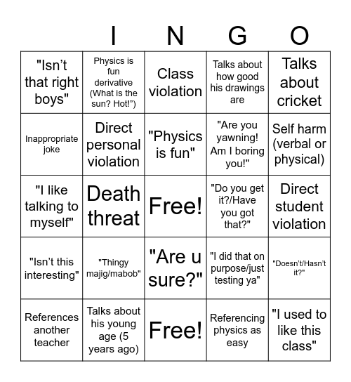 Summer Physics Bingo Card