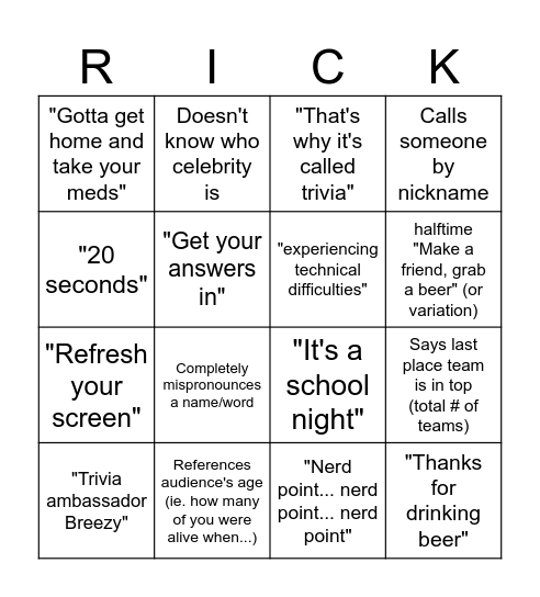 R. Schmitty Trivia Lingo Bingo Card