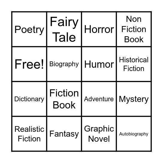 Book Genre Bingo Card