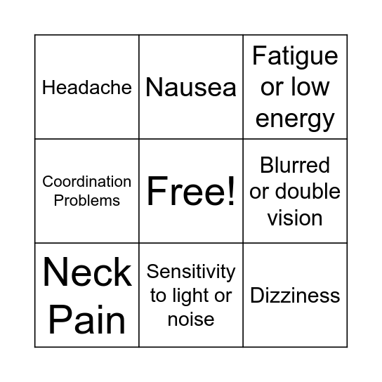 Concussion Bingo Card