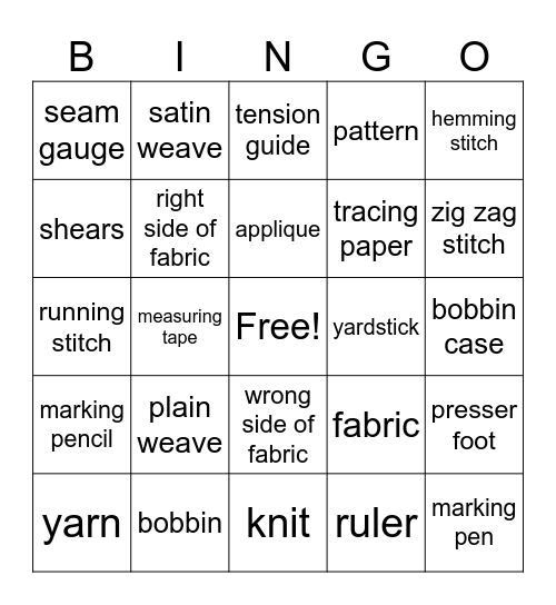 Sewing Bingo Card