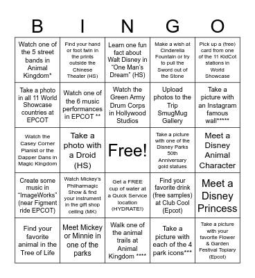 Disney Spring Trip 2025 Bingo Card