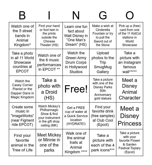 Disney Spring Trip 2025 Bingo Card