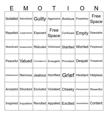 Emotions Bingo Card