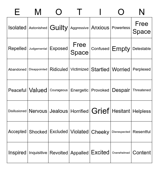 Emotions Bingo Card