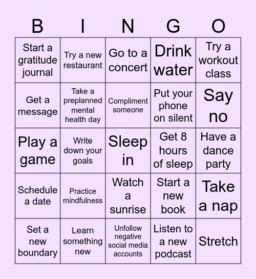 VBH Self-Care Bingo Card