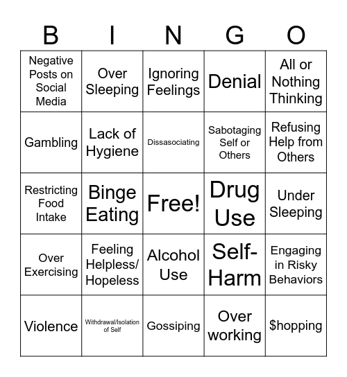 Unhealthy Coping Skills Bingo Card
