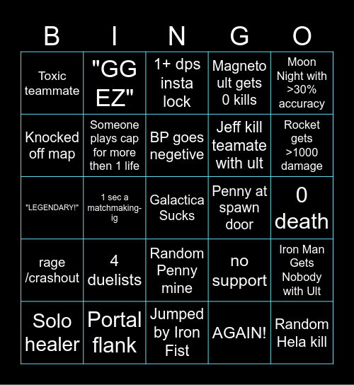 Marvel Rivals Gaming Night Bingo Card