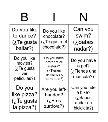 Yes, I do. / No, I don’t. Bingo Card