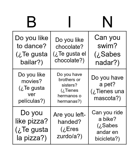 Yes, I do. / No, I don’t. Bingo Card