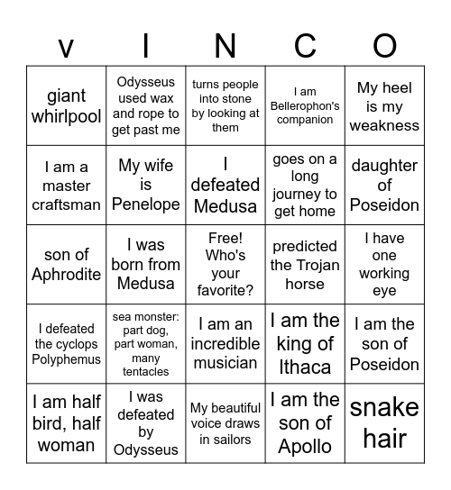 Mythology VINCO! Bingo Card