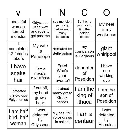 Mythology VINCO! Bingo Card