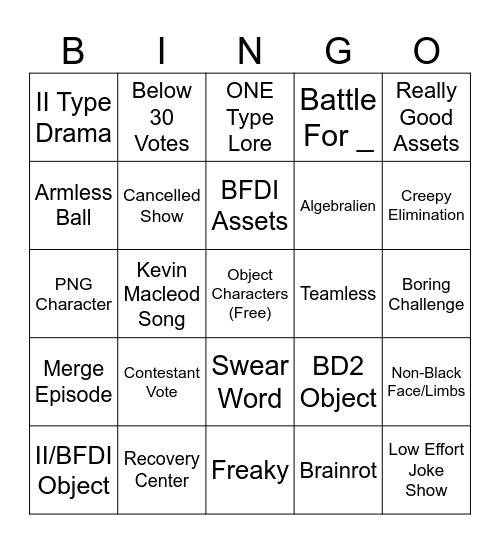 Ineedaname Object Show Bingo Card