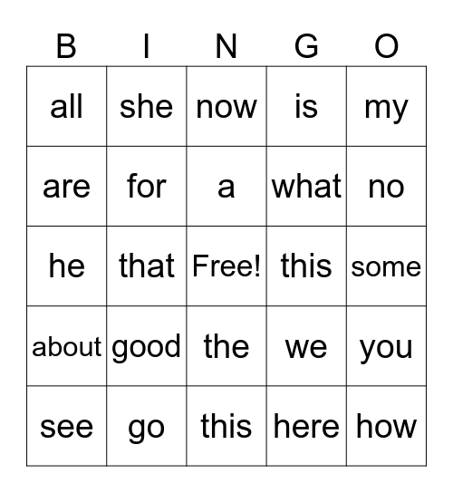 Sight Word BINGO Card