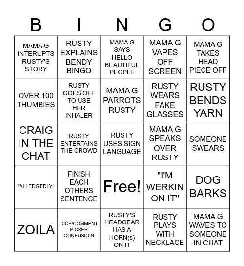 BENDY BINGO CARD Bingo Card