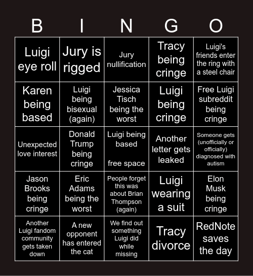 Luigi Mangione 2025 Bingo Card