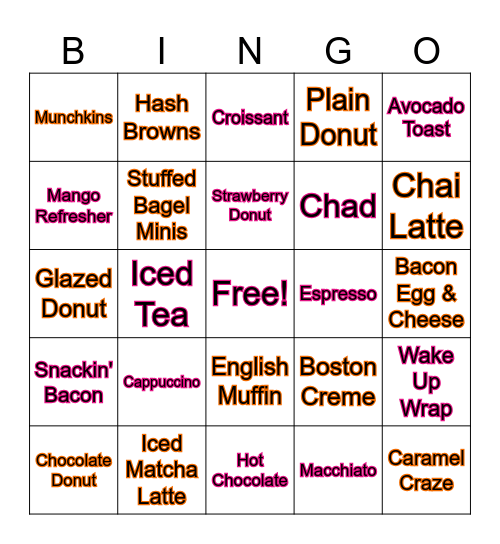 Dunkin Donuts Bingo! Bingo Card