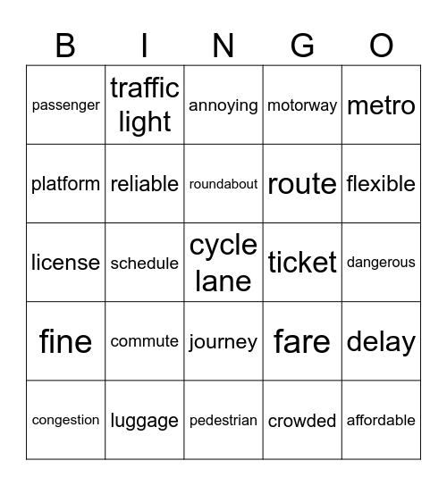 Transport vocabulary Bingo Card