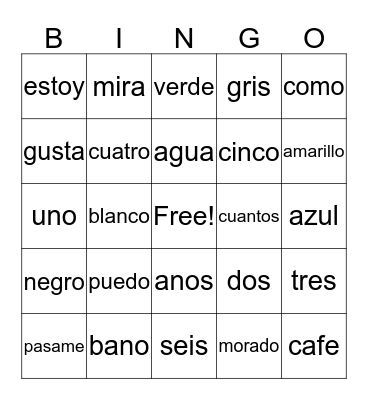 Spanish Word Bingo Card