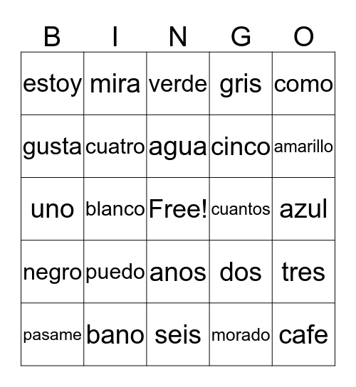 Spanish Word Bingo Card