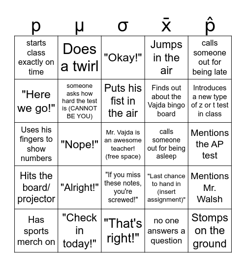 Mr. Vajda Bingo Board (the Sequel) Bingo Card