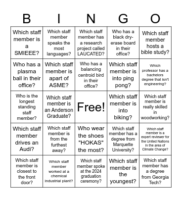 Engineering Staff Member BINGO! Bingo Card