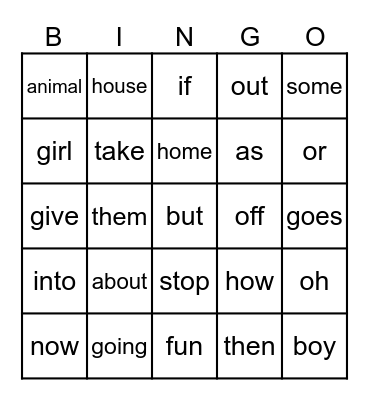 2G First 25 Power Words Bingo Card