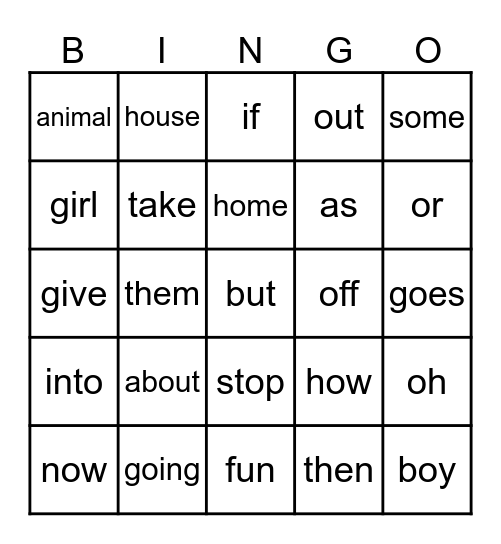 2G First 25 Power Words Bingo Card