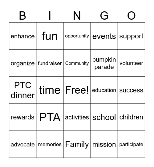 PTA BINGO Card