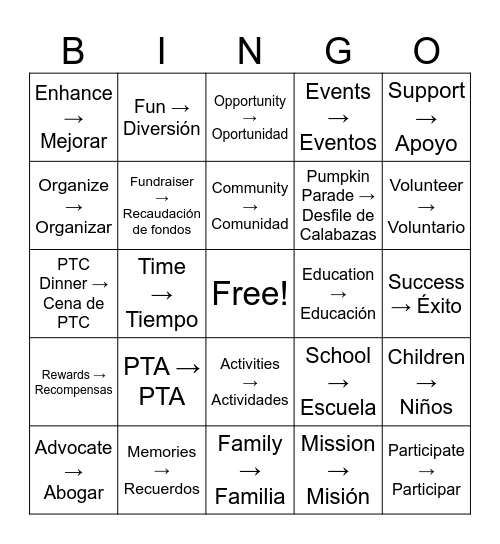 PTA BINGO Card