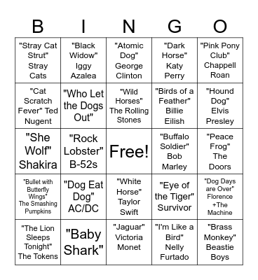 Songs with Animals in the Title B Bingo Card