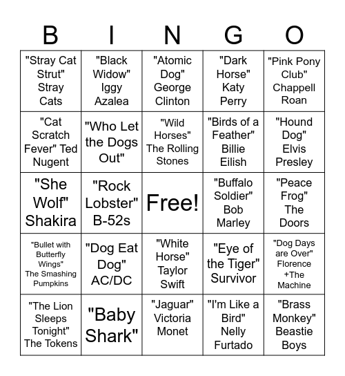 Songs with Animals in the Title B Bingo Card