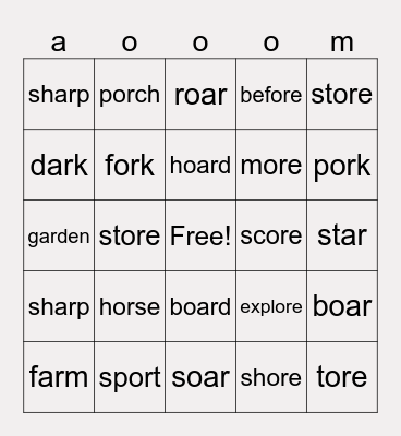 Bingo: r-controlled vowels Bingo Card