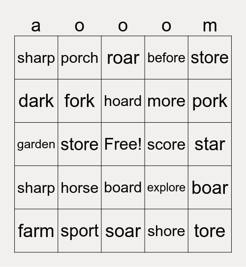 Bingo: r-controlled vowels Bingo Card