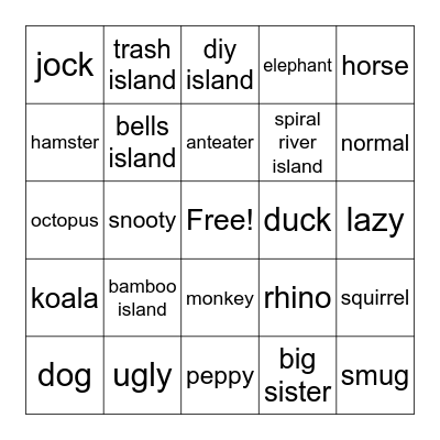 crossing the animals Bingo Card