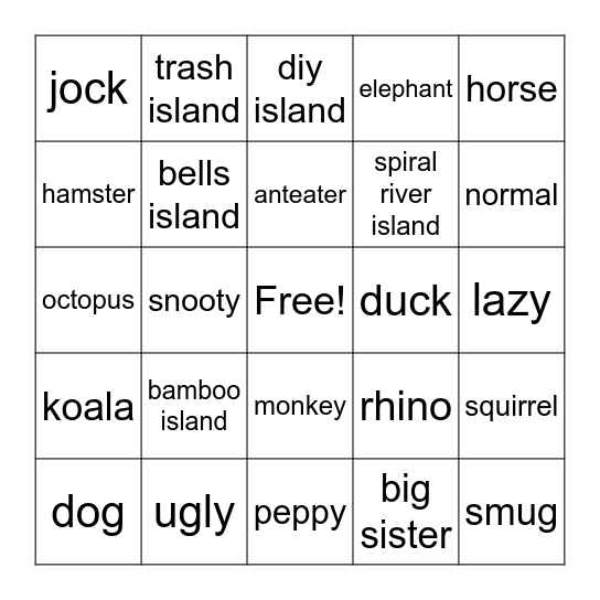 crossing the animals Bingo Card