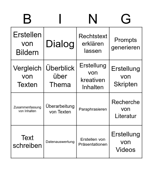 Nutzungsmöglichkeiten von KI an der Hochschule Bingo Card