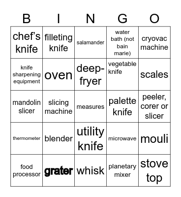 Food Prep Equipment Bingo Card