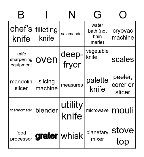 Food Prep Equipment Bingo Card