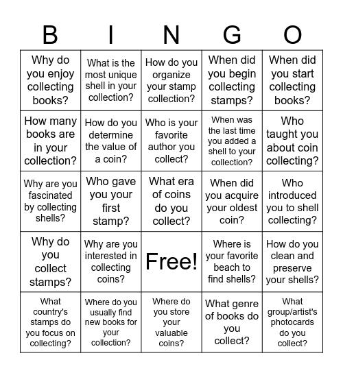 Hobbies and Collections Bingo Card
