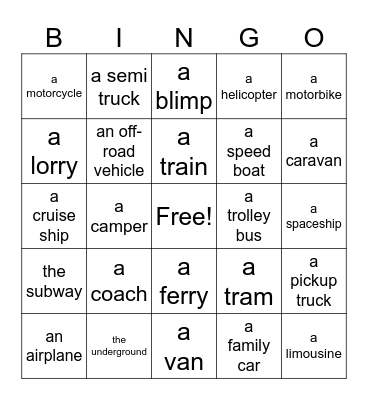 Transportation Bingo Card