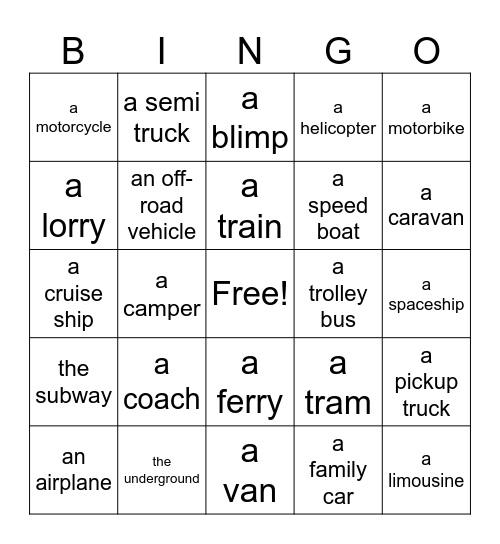 Transportation Bingo Card